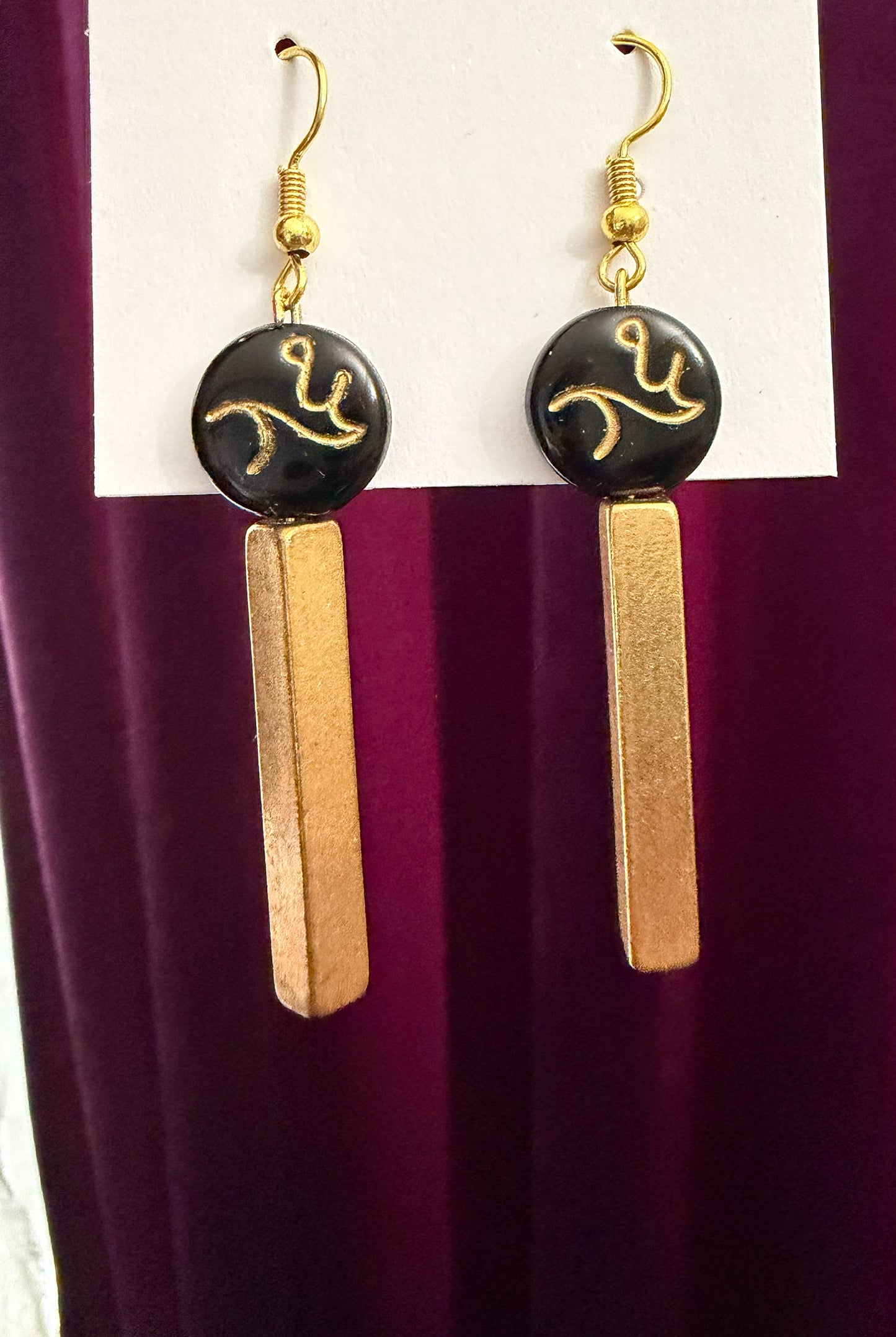 Muhammad (S.A.W) Black and Gold Geometric Drop Earrings with Abstract Swirl