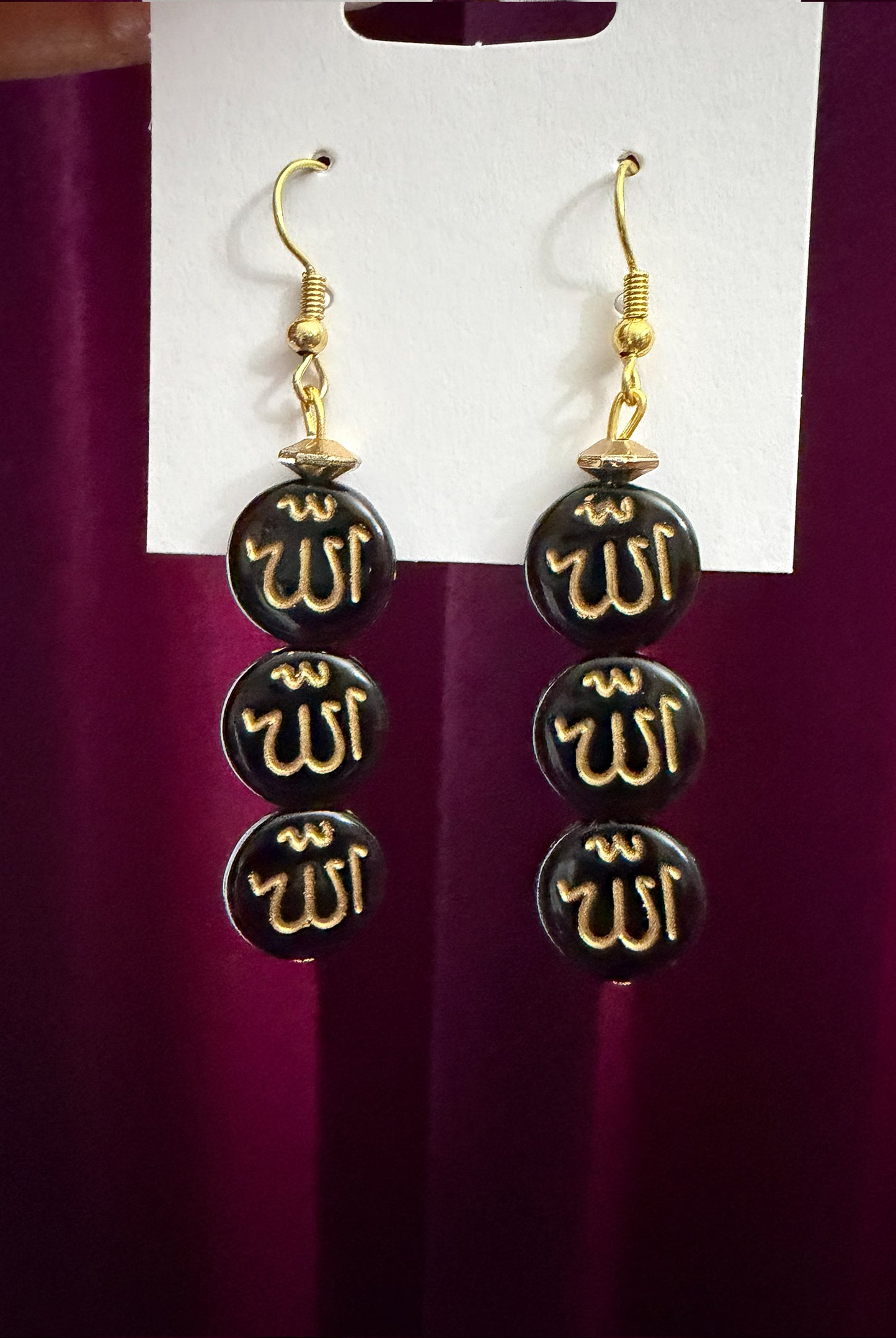 Elegant Arabic Allah Inscription Dangle Earrings in Black and Gold