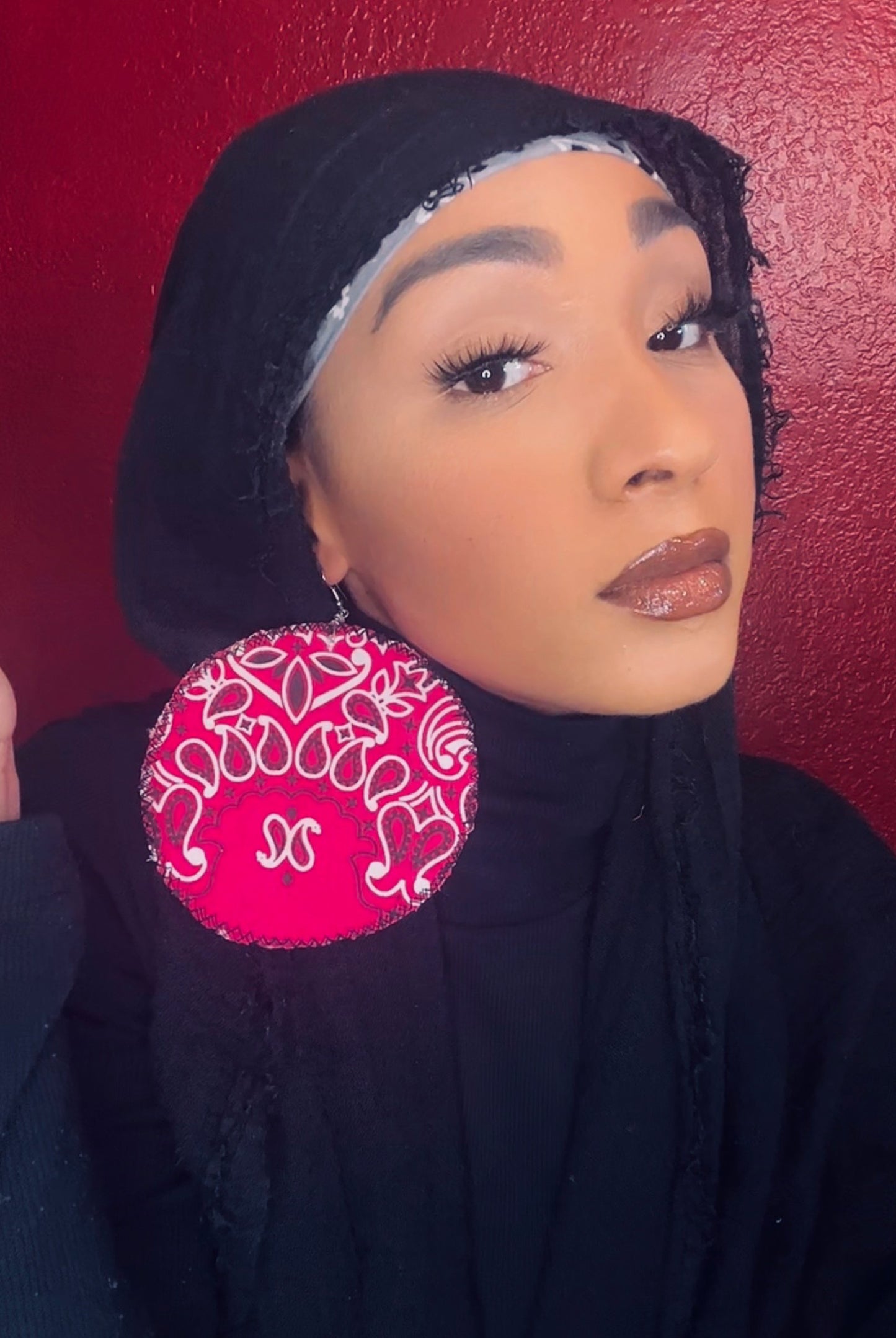 Hot Pink Bandana Print Fabric Disc Earrings