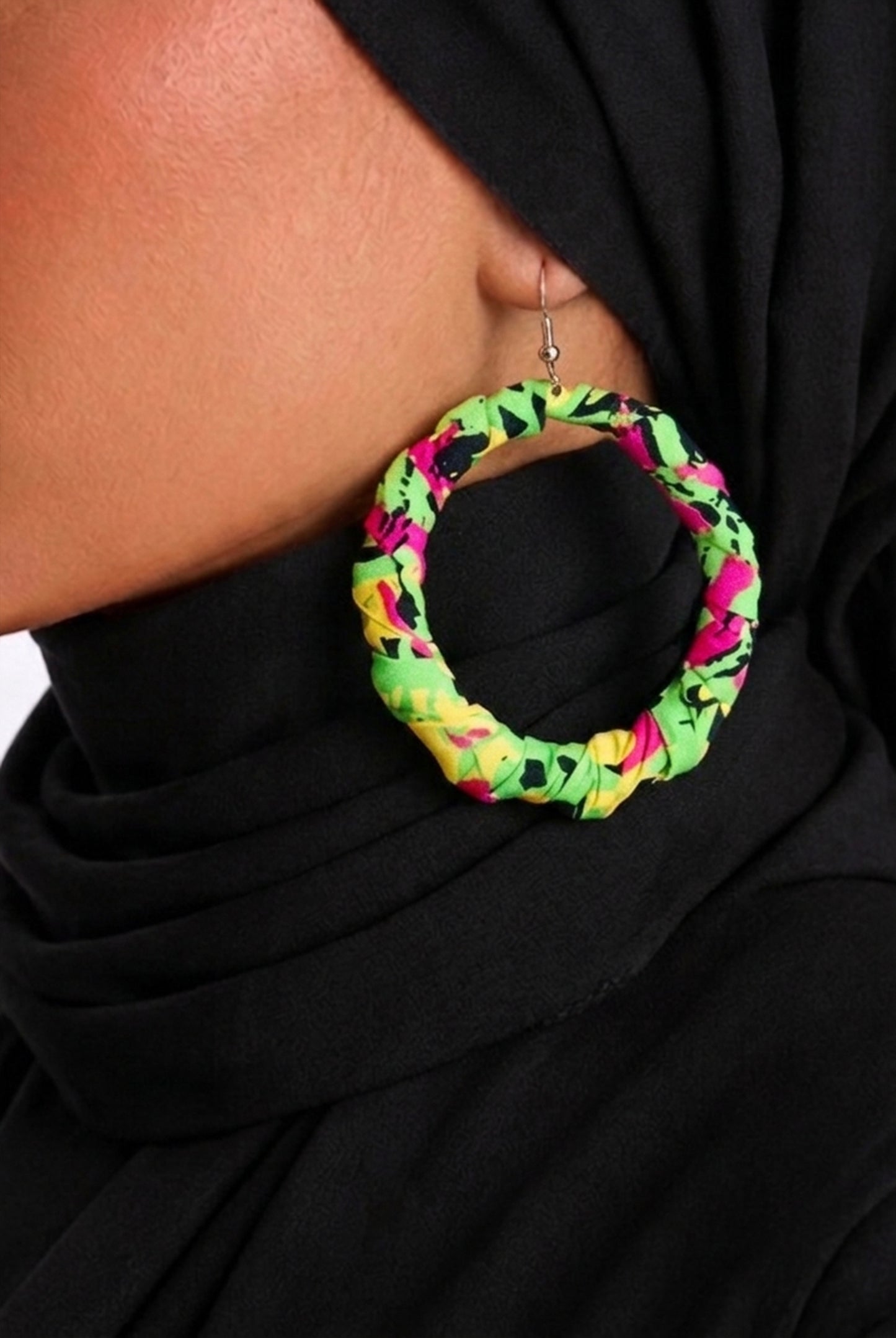 Vibrant Green Fabric Wrapped Hoop Earrings
