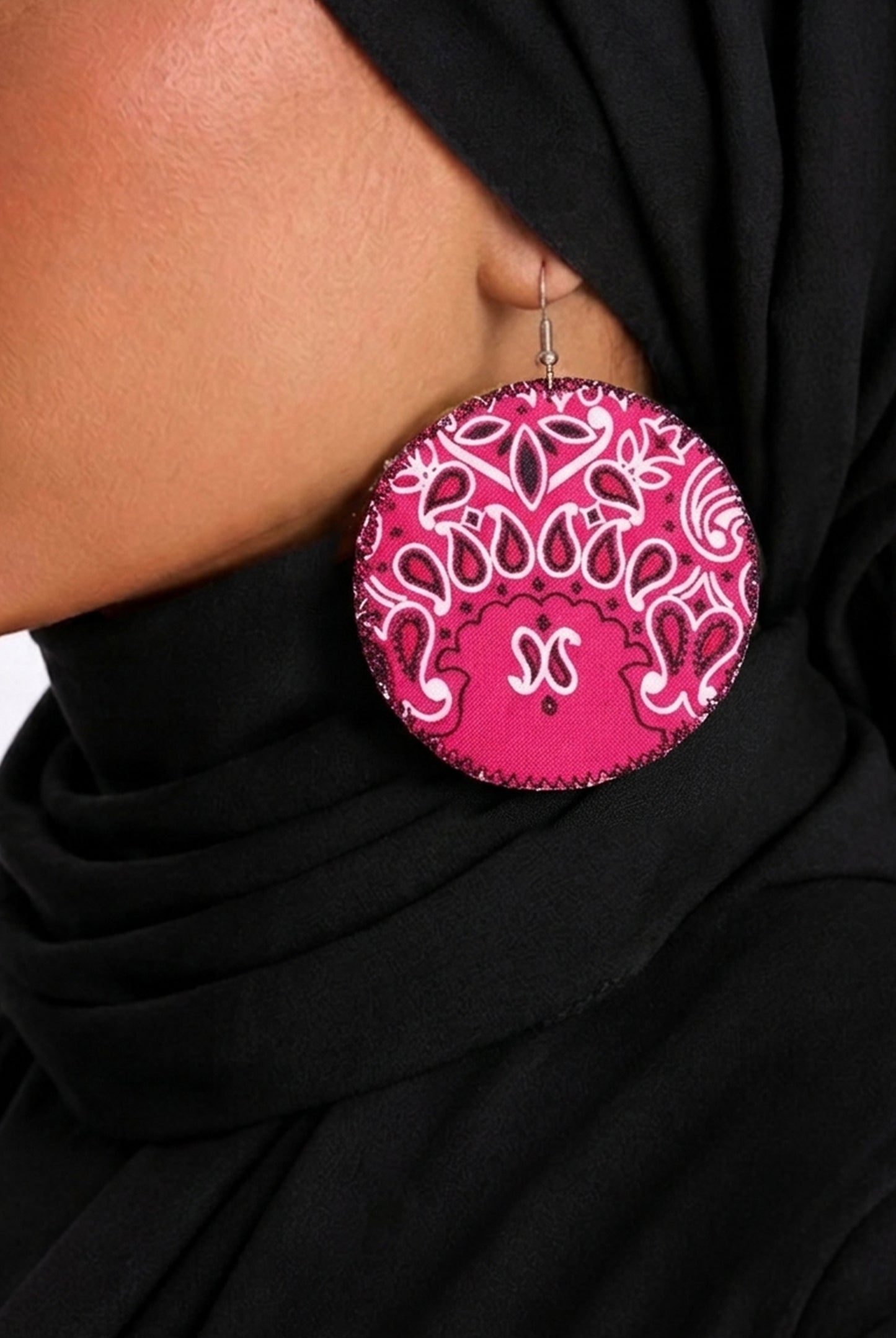 Hot Pink Bandana Print Fabric Disc Earrings